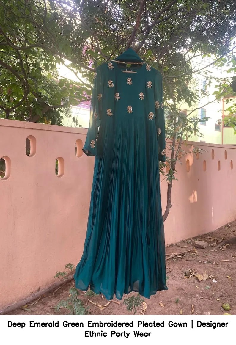 Deep Emerald Green Embroidered Pleated Gown | Designer Ethnic Party Wear