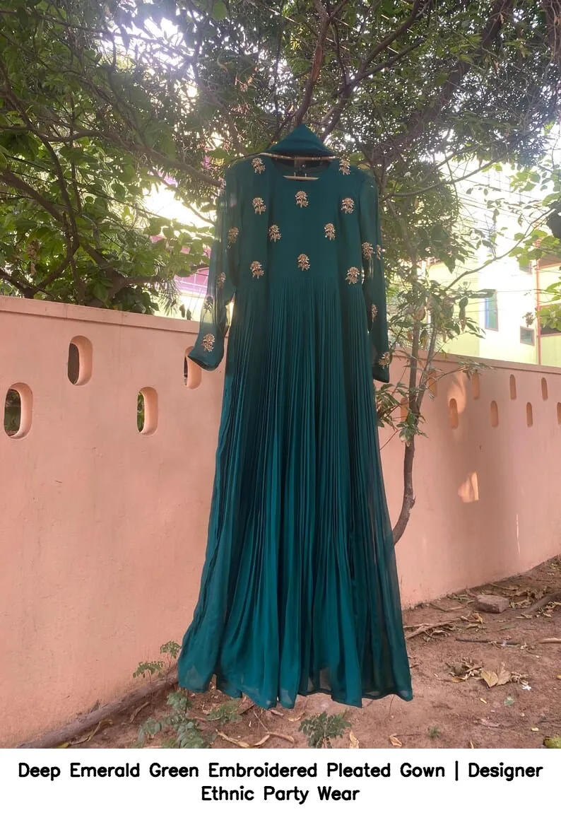 Deep Emerald Green Embroidered Pleated Gown | Designer Ethnic Party Wear 2