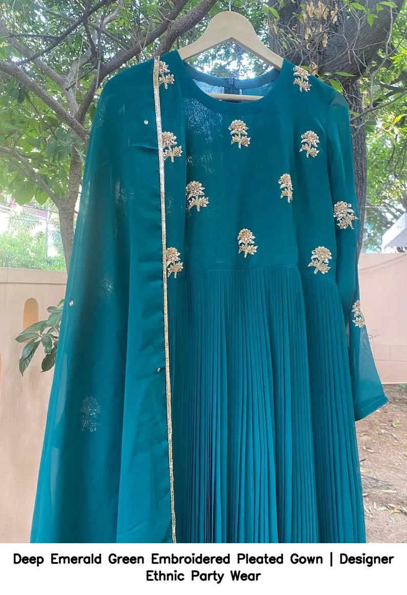Deep Emerald Green Embroidered Pleated Gown | Designer Ethnic Party Wear 3