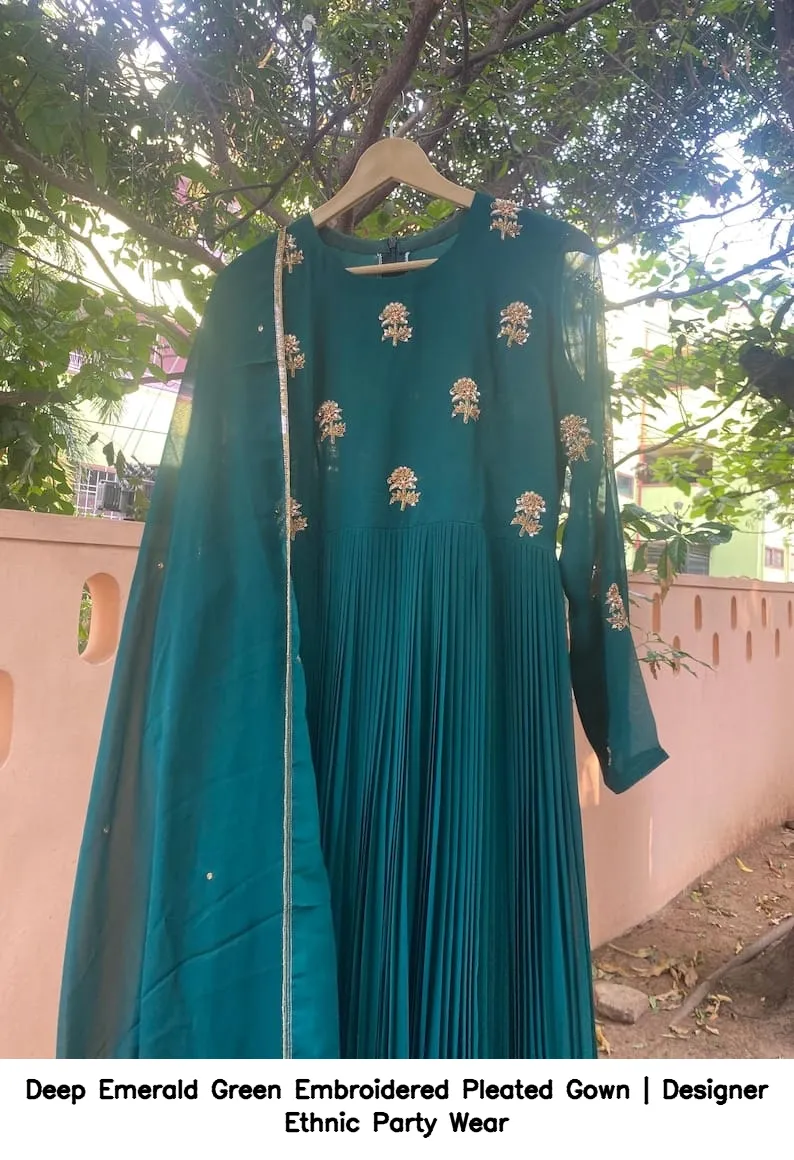 Deep Emerald Green Embroidered Pleated Gown | Designer Ethnic Party Wear 4