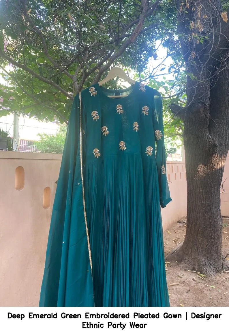 Deep Emerald Green Embroidered Pleated Gown | Designer Ethnic Party Wear 5