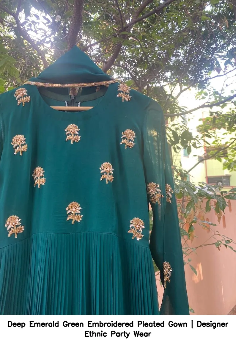 Deep Emerald Green Embroidered Pleated Gown | Designer Ethnic Party Wear 6