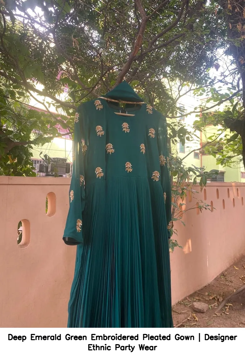 Deep Emerald Green Embroidered Pleated Gown | Designer Ethnic Party Wear 7