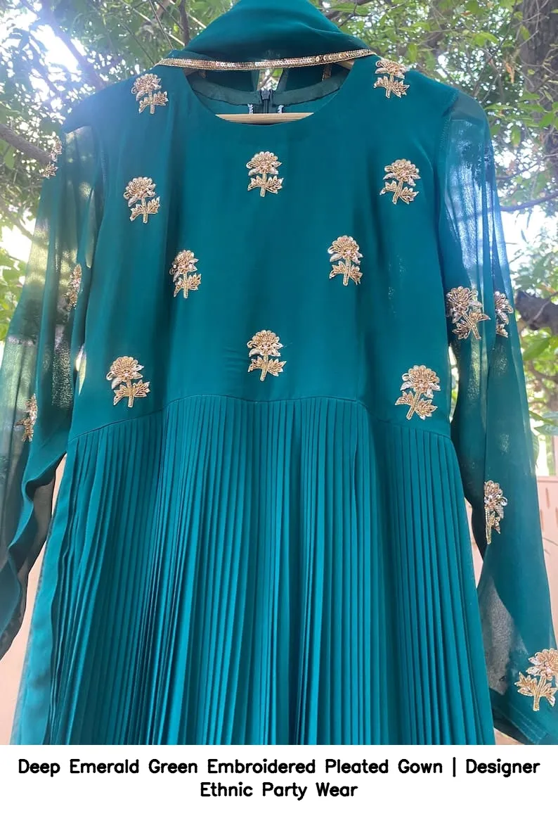 Deep Emerald Green Embroidered Pleated Gown | Designer Ethnic Party Wear 8