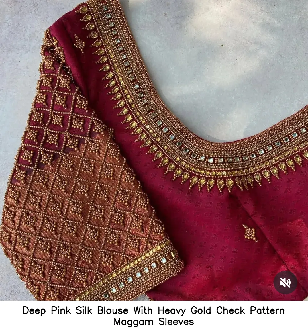Deep Pink Silk Blouse With Heavy Gold Check Pattern Maggam Sleeves