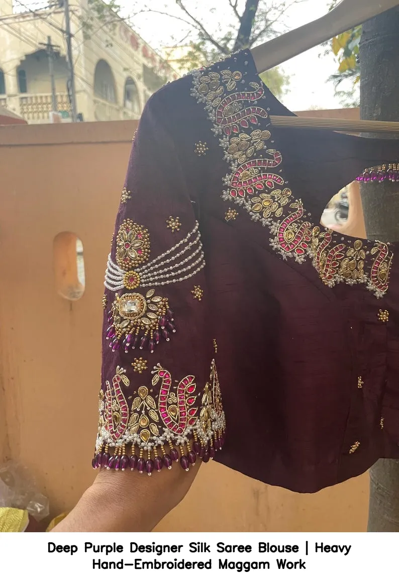 Deep Purple Designer Silk Saree Blouse | Heavy Hand-Embroidered Maggam Work