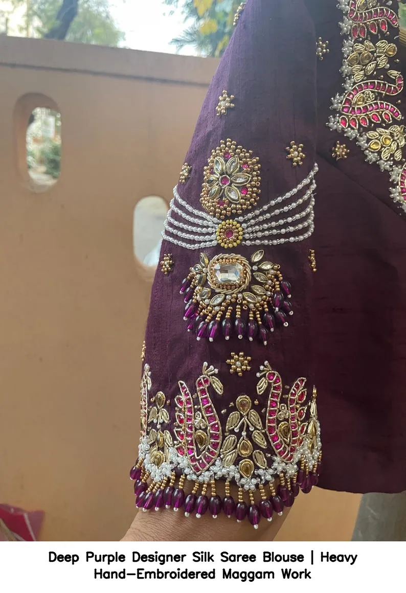 Deep Purple Designer Silk Saree Blouse | Heavy Hand-Embroidered Maggam Work 2