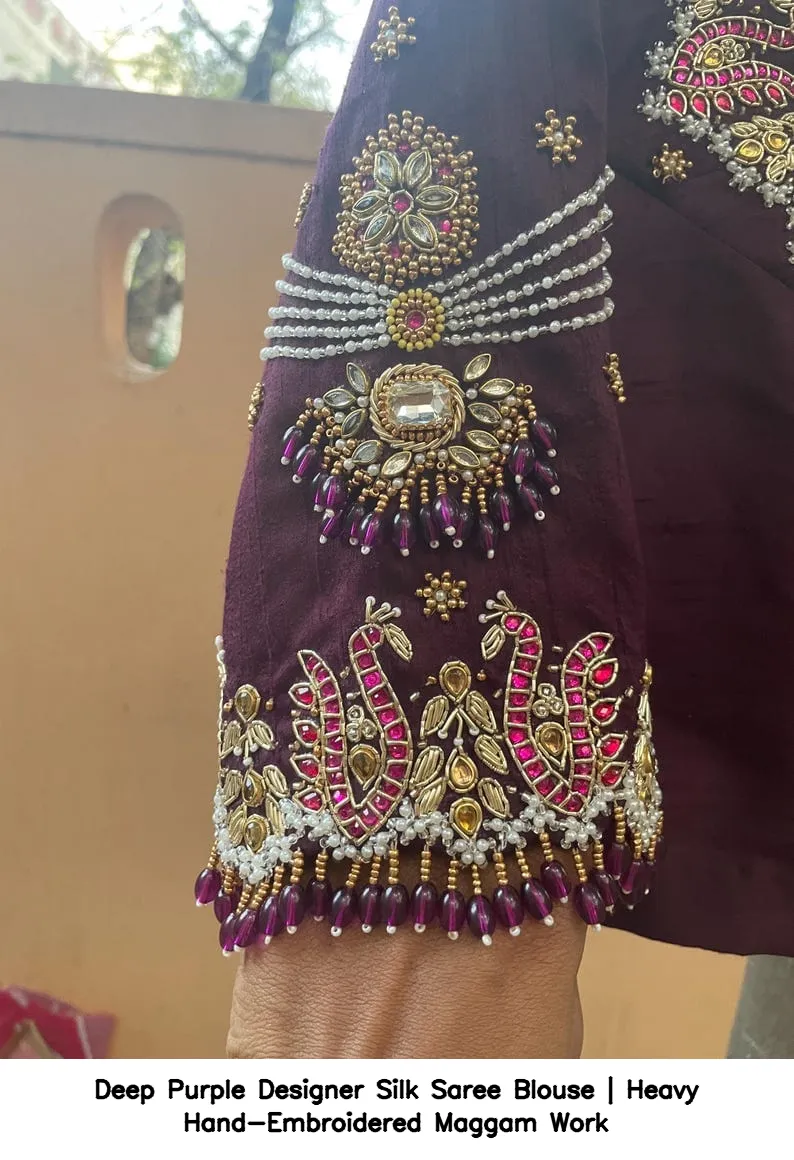 Deep Purple Designer Silk Saree Blouse | Heavy Hand-Embroidered Maggam Work 3