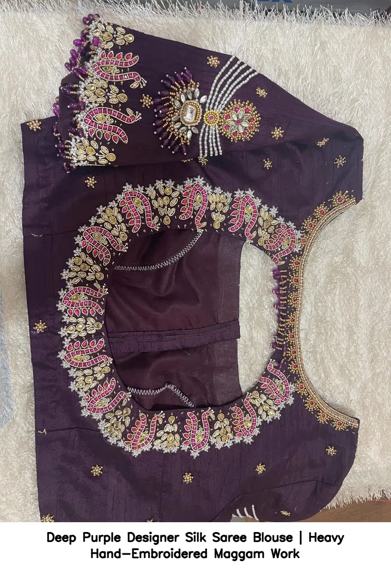 Deep Purple Designer Silk Saree Blouse | Heavy Hand-Embroidered Maggam Work 4