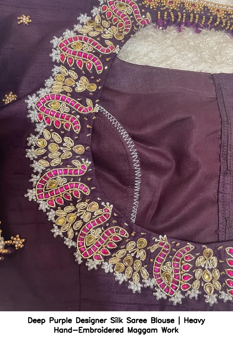 Deep Purple Designer Silk Saree Blouse | Heavy Hand-Embroidered Maggam Work 5