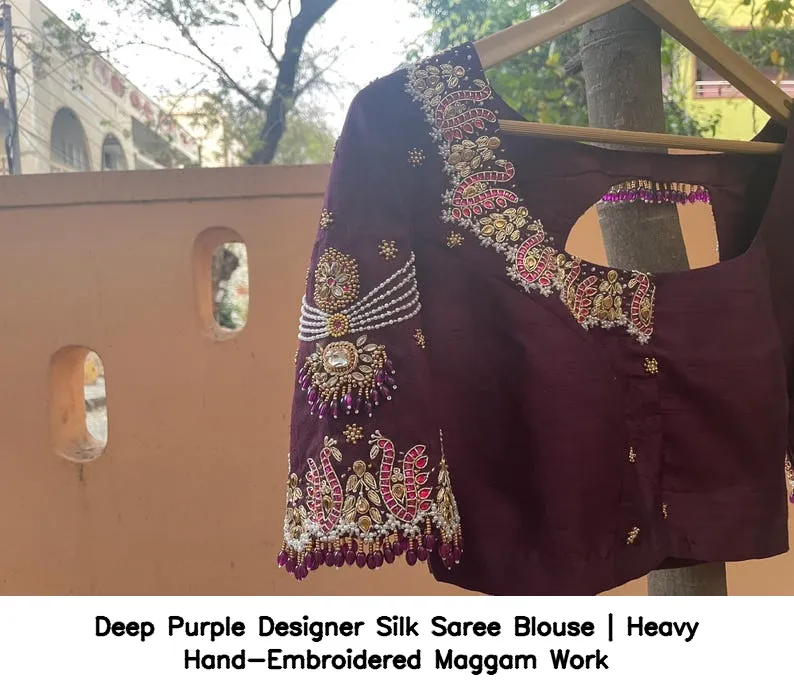 Deep Purple Designer Silk Saree Blouse | Heavy Hand-Embroidered Maggam Work 6
