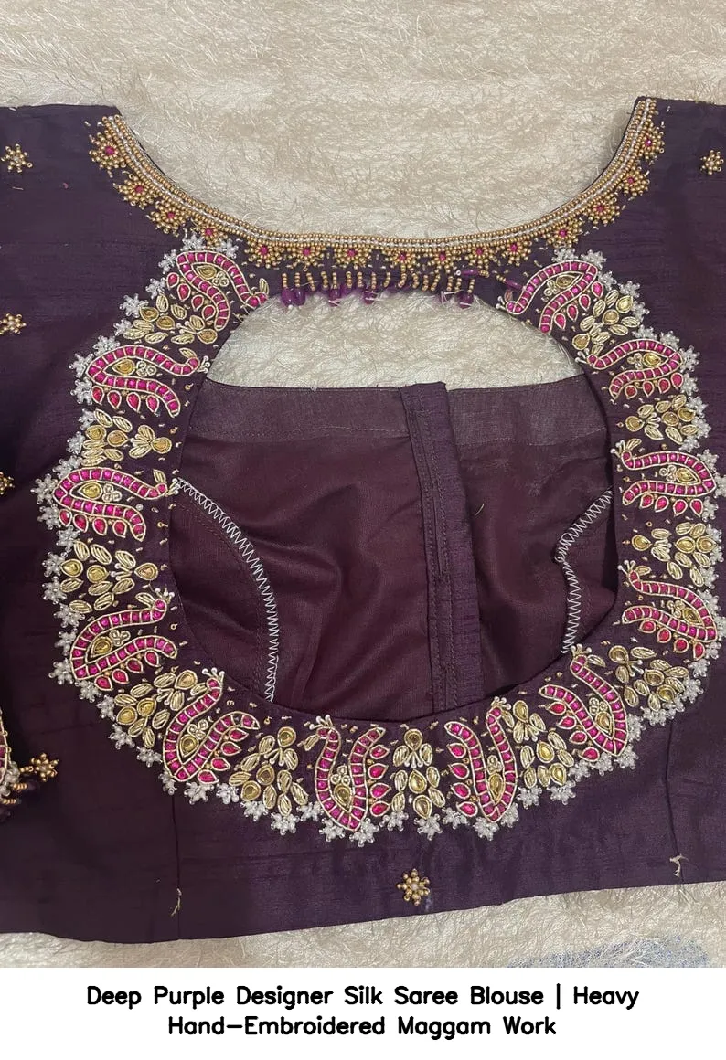 Deep Purple Designer Silk Saree Blouse | Heavy Hand-Embroidered Maggam Work 7
