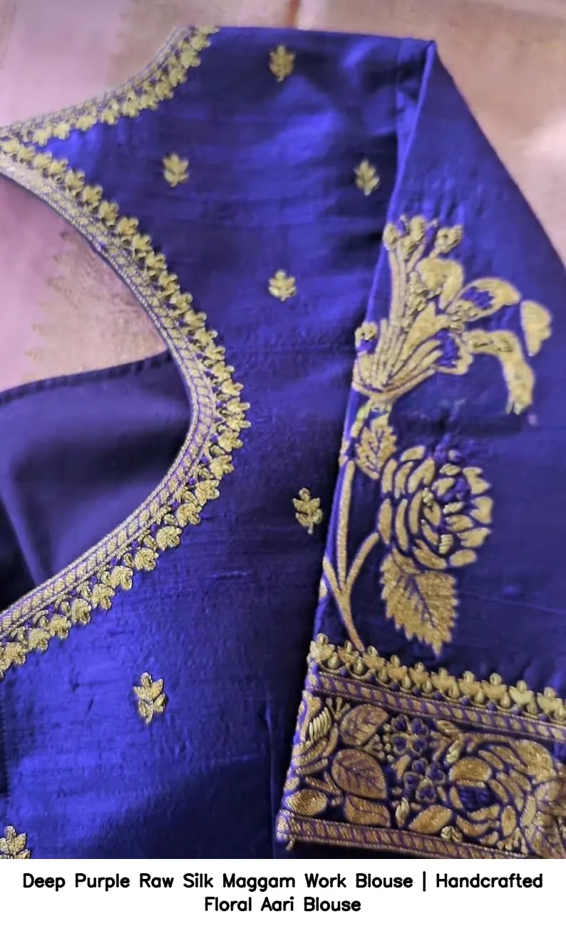 Deep Purple Raw Silk Maggam Work Blouse | Handcrafted Floral Aari Blouse