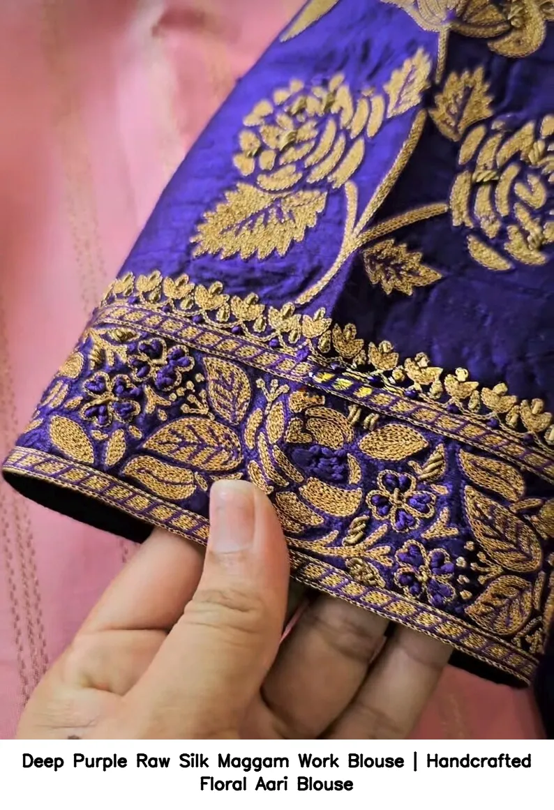 Deep Purple Raw Silk Maggam Work Blouse | Handcrafted Floral Aari Blouse