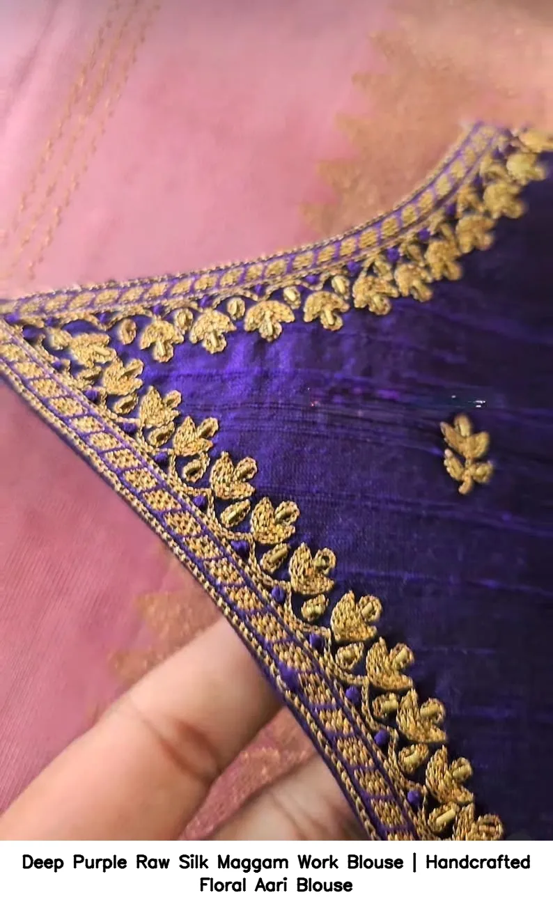 Deep Purple Raw Silk Maggam Work Blouse | Handcrafted Floral Aari Blouse