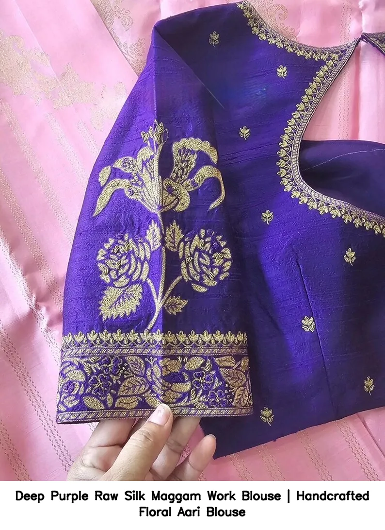 Deep Purple Raw Silk Maggam Work Blouse | Handcrafted Floral Aari Blouse