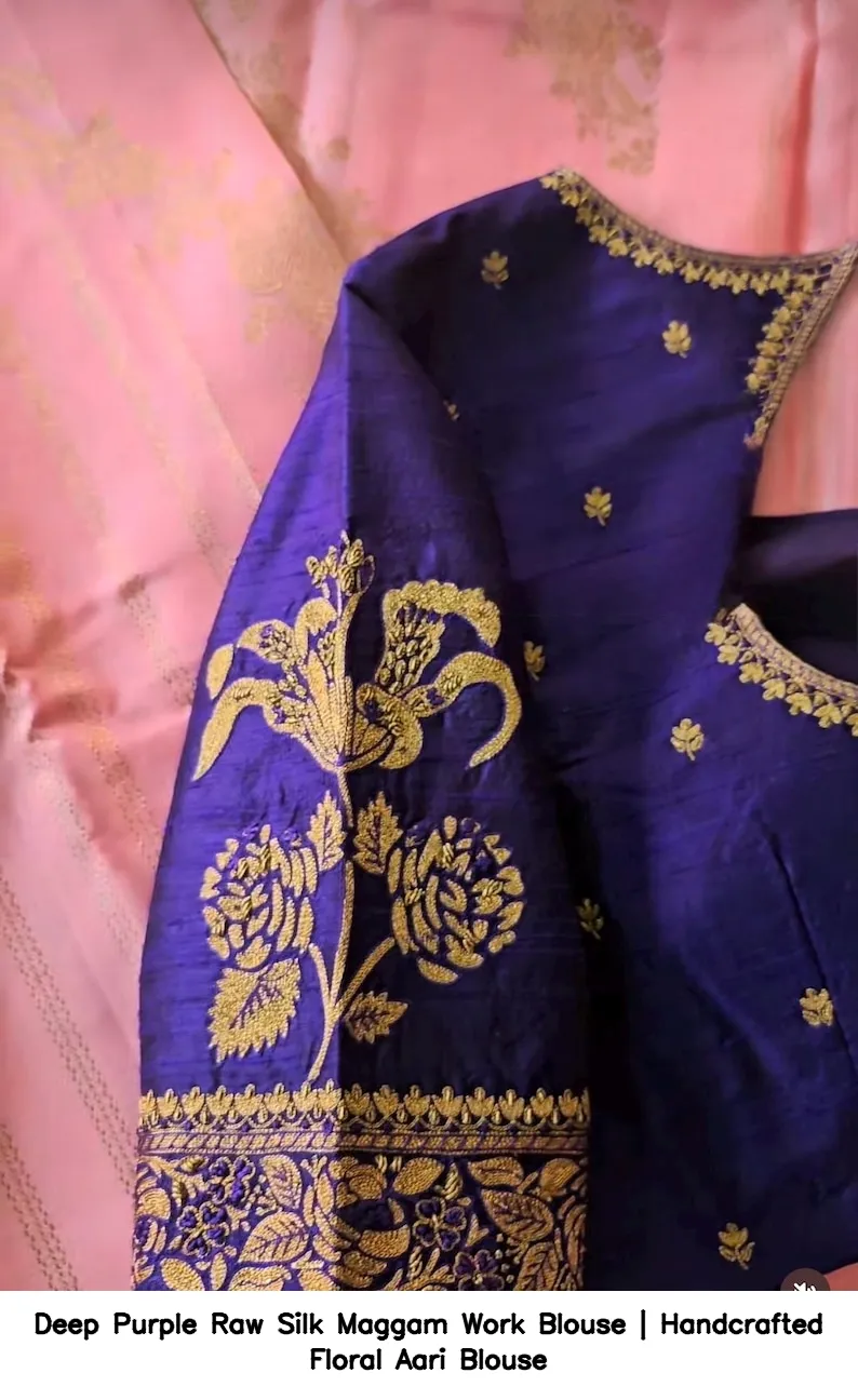 Deep Purple Raw Silk Maggam Work Blouse | Handcrafted Floral Aari Blouse