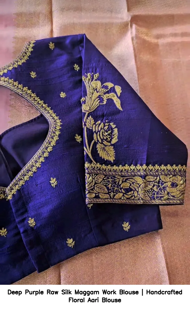 Deep Purple Raw Silk Maggam Work Blouse | Handcrafted Floral Aari Blouse