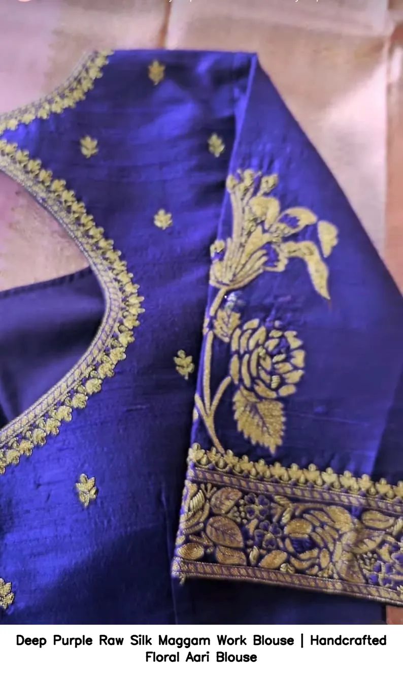 Deep Purple Raw Silk Maggam Work Blouse | Handcrafted Floral Aari Blouse