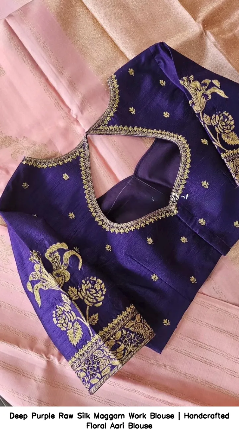 Deep Purple Raw Silk Maggam Work Blouse | Handcrafted Floral Aari Blouse