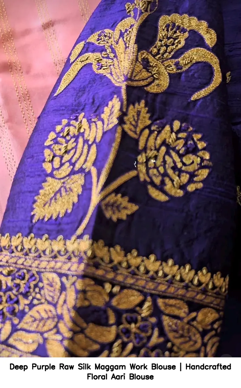 Deep Purple Raw Silk Maggam Work Blouse | Handcrafted Floral Aari Blouse