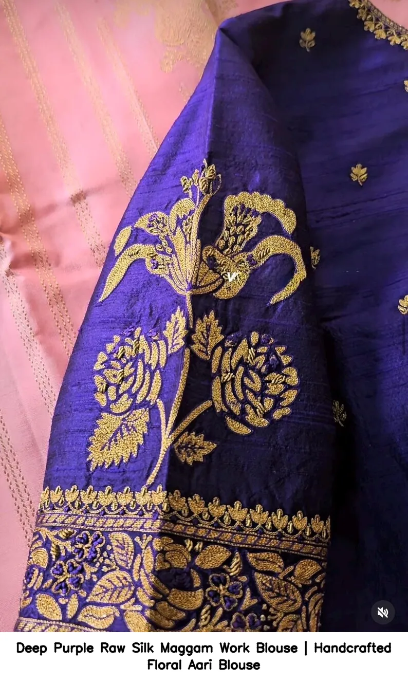 Deep Purple Raw Silk Maggam Work Blouse | Handcrafted Floral Aari Blouse