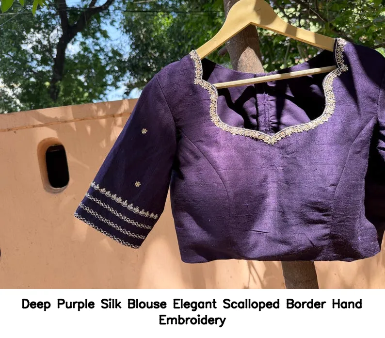 Deep Purple Silk Blouse – Elegant Scalloped Border Hand Embroidery