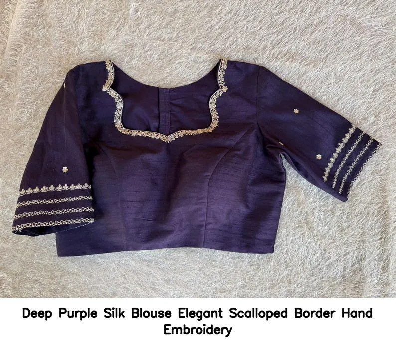 Deep Purple Silk Blouse – Elegant Scalloped Border Hand Embroidery