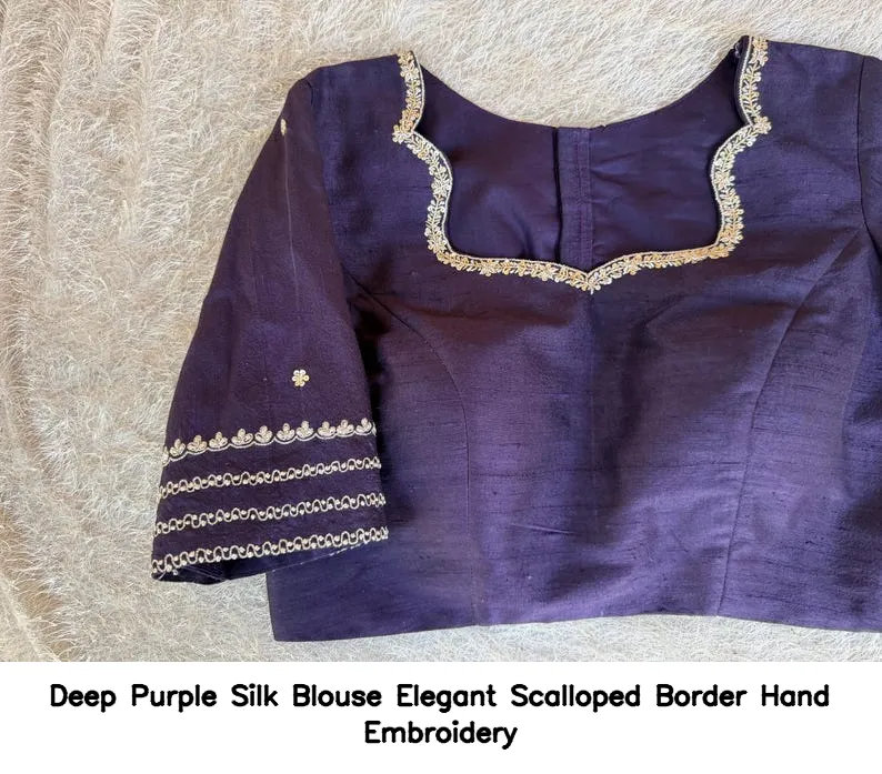 Deep Purple Silk Blouse – Elegant Scalloped Border Hand Embroidery