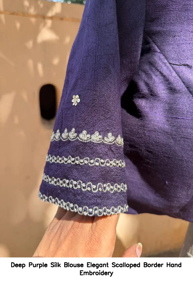 Deep Purple Silk Blouse – Elegant Scalloped Border Hand Embroidery