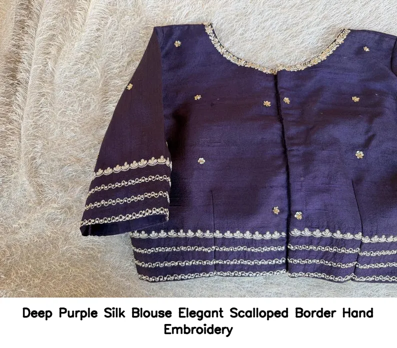 Deep Purple Silk Blouse – Elegant Scalloped Border Hand Embroidery