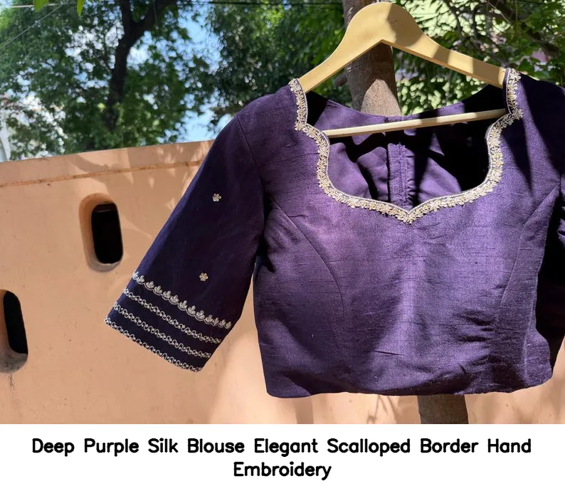 Deep Purple Silk Blouse – Elegant Scalloped Border Hand Embroidery