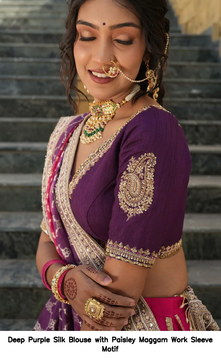 Deep Purple Silk Blouse with Paisley Maggam Work Sleeve Motif