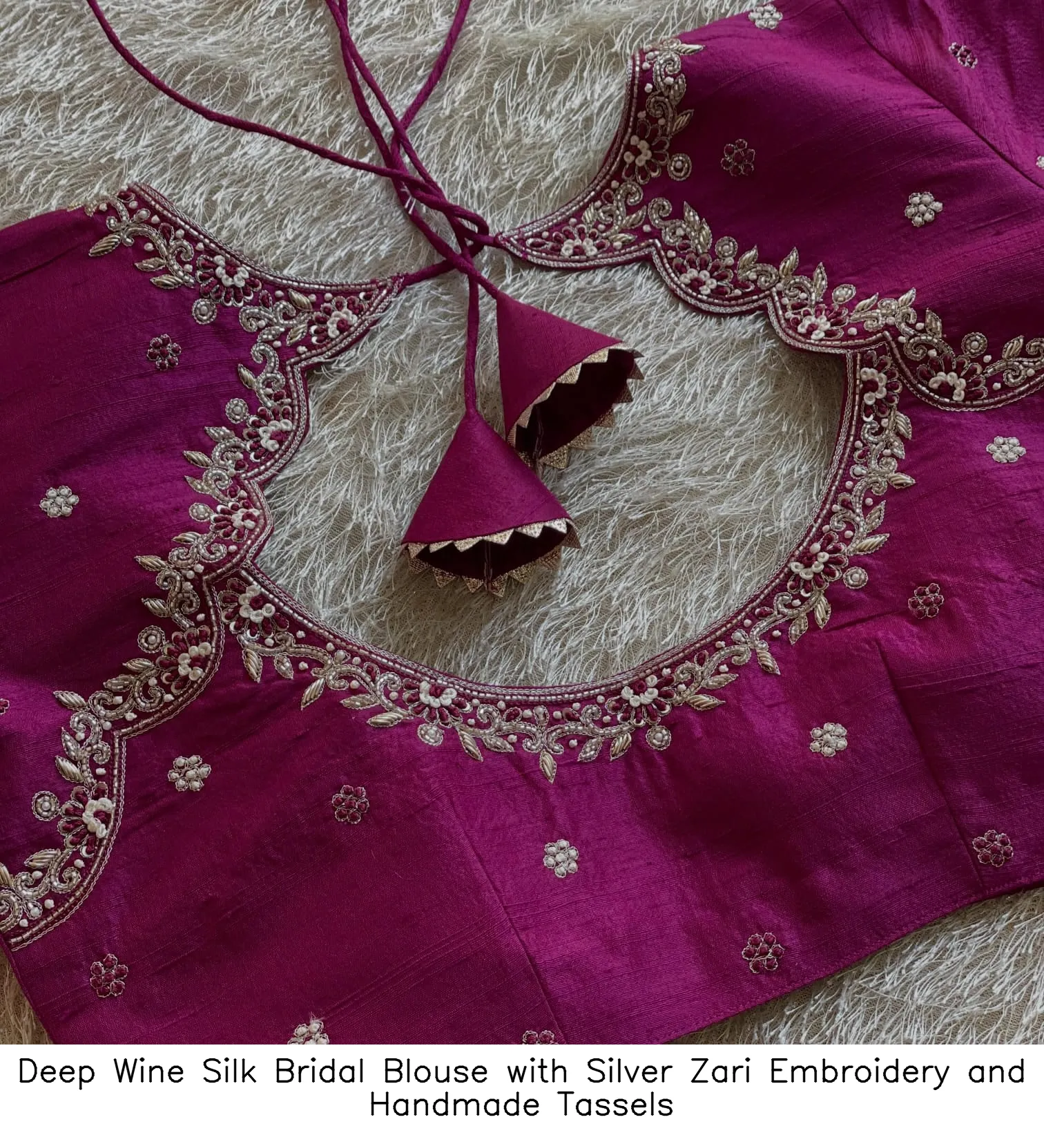 Deep Wine Silk Bridal Blouse with Silver Zari Embroidery and Handmade Tassels
