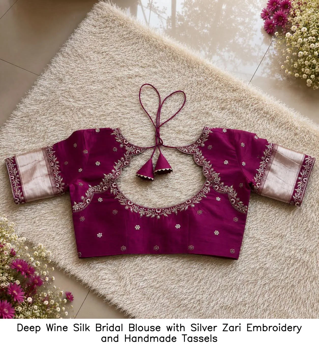 Deep Wine Silk Bridal Blouse with Silver Zari Embroidery and Handmade Tassels