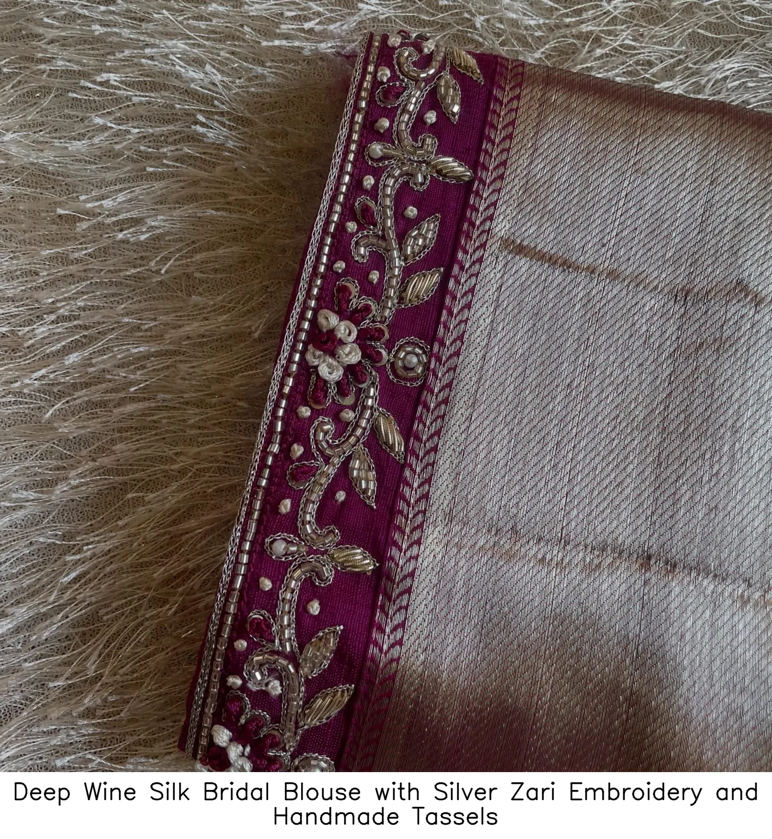 Deep Wine Silk Bridal Blouse with Silver Zari Embroidery and Handmade Tassels
