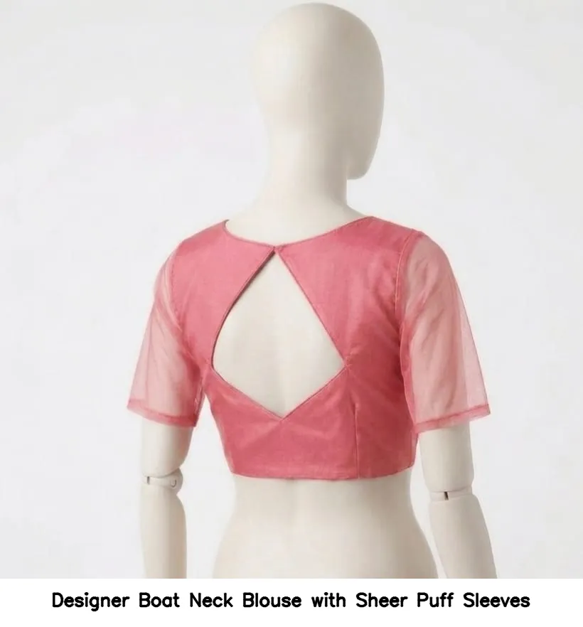 Designer Boat Neck Blouse with Sheer Puff Sleeves