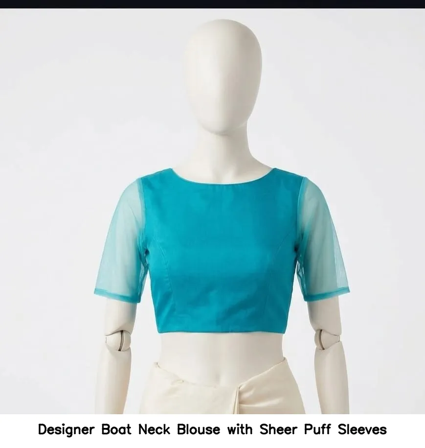 Designer Boat Neck Blouse with Sheer Puff Sleeves 2