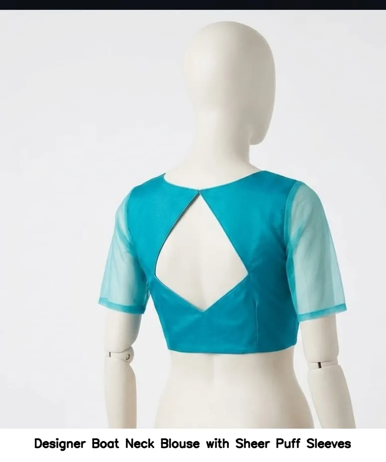 Designer Boat Neck Blouse with Sheer Puff Sleeves 3