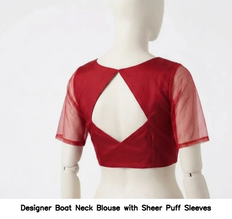Designer Boat Neck Blouse with Sheer Puff Sleeves 4