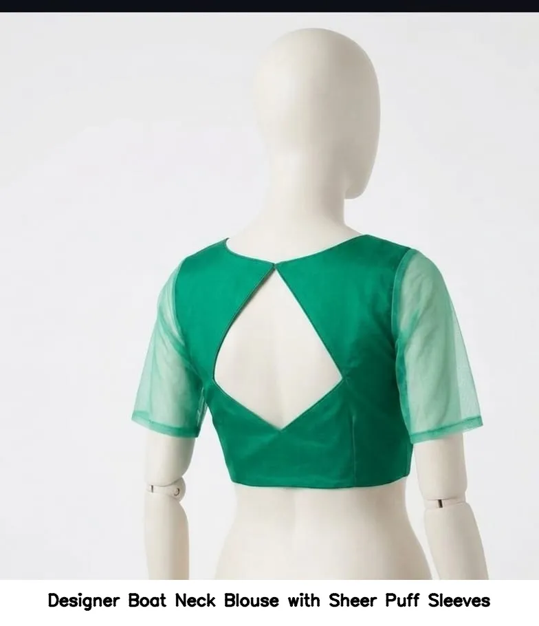 Designer Boat Neck Blouse with Sheer Puff Sleeves 5