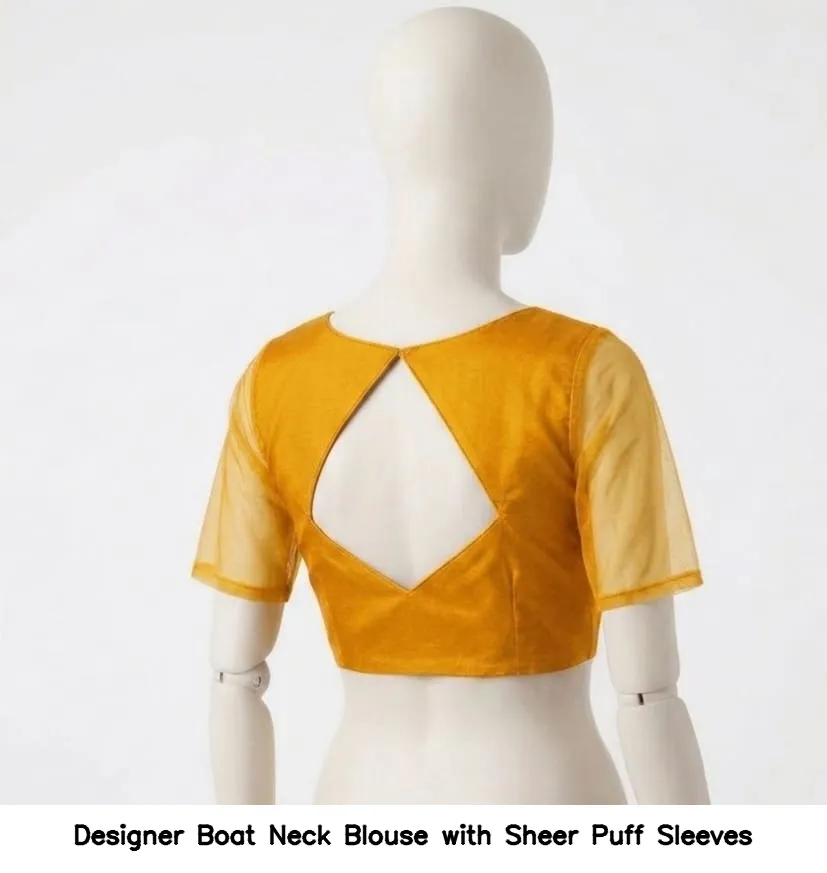 Designer Boat Neck Blouse with Sheer Puff Sleeves 6