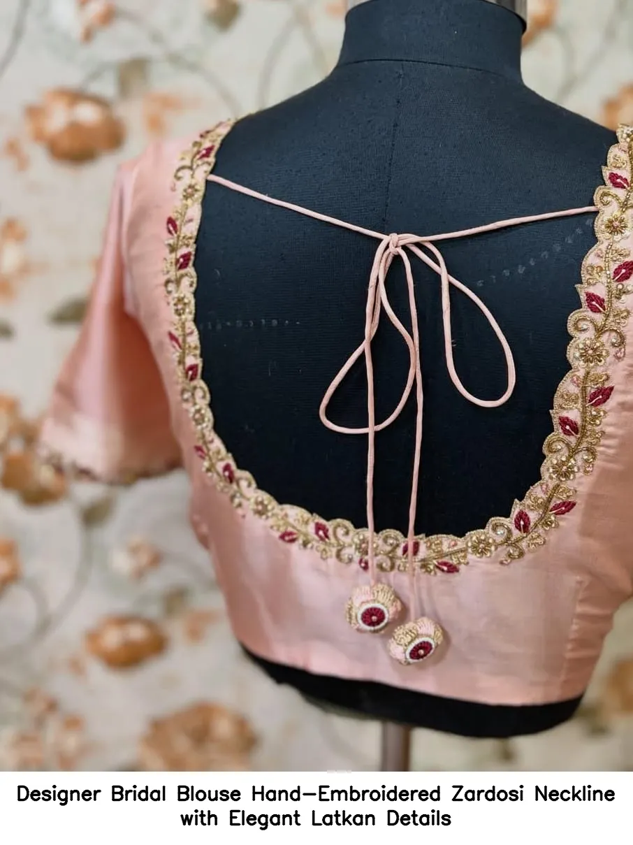Designer Bridal Blouse Hand-Embroidered Zardosi Neckline with Elegant Latkan Details