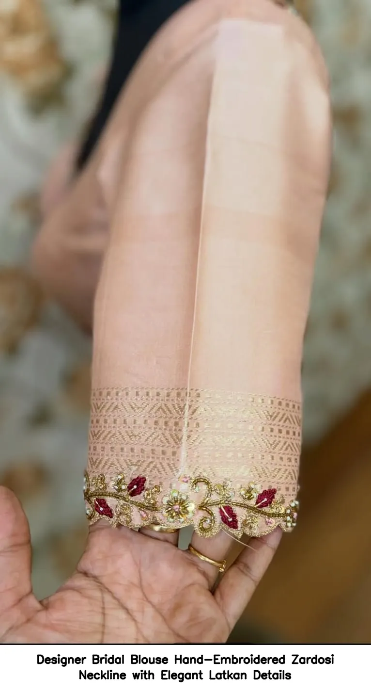 Designer Bridal Blouse Hand-Embroidered Zardosi Neckline with Elegant Latkan Details
