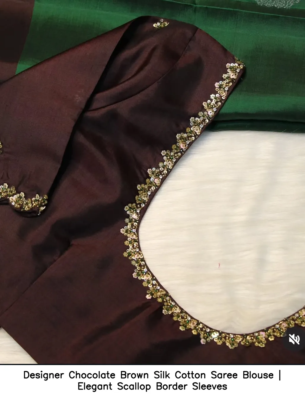 Designer Chocolate Brown Silk Cotton Saree Blouse | Elegant Scallop Border Sleeves