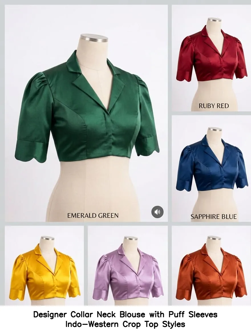 Designer Collar Neck Blouse with Puff Sleeves – Indo-Western Crop Top Styles