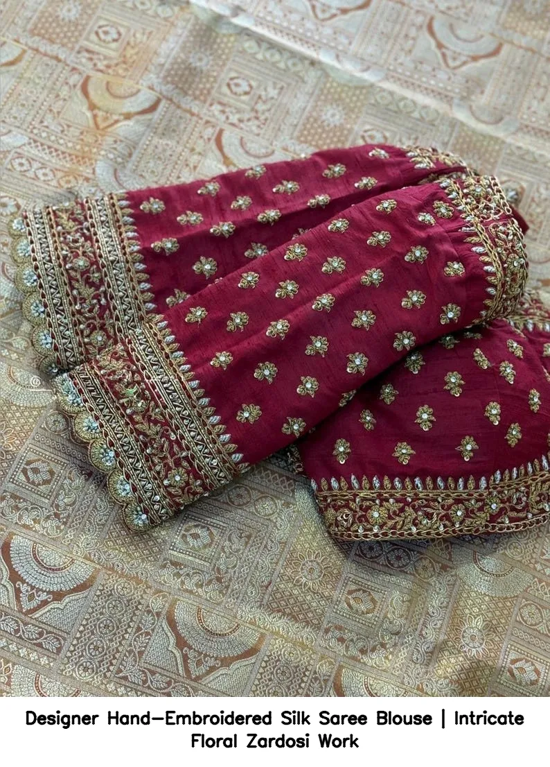Designer Hand-Embroidered Silk Saree Blouse | Intricate Floral Zardosi Work