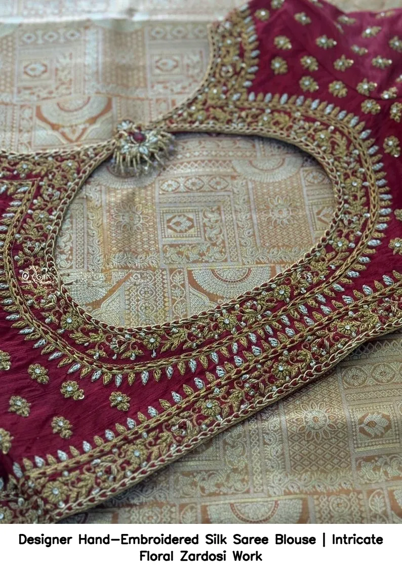 Designer Hand-Embroidered Silk Saree Blouse | Intricate Floral Zardosi Work 2