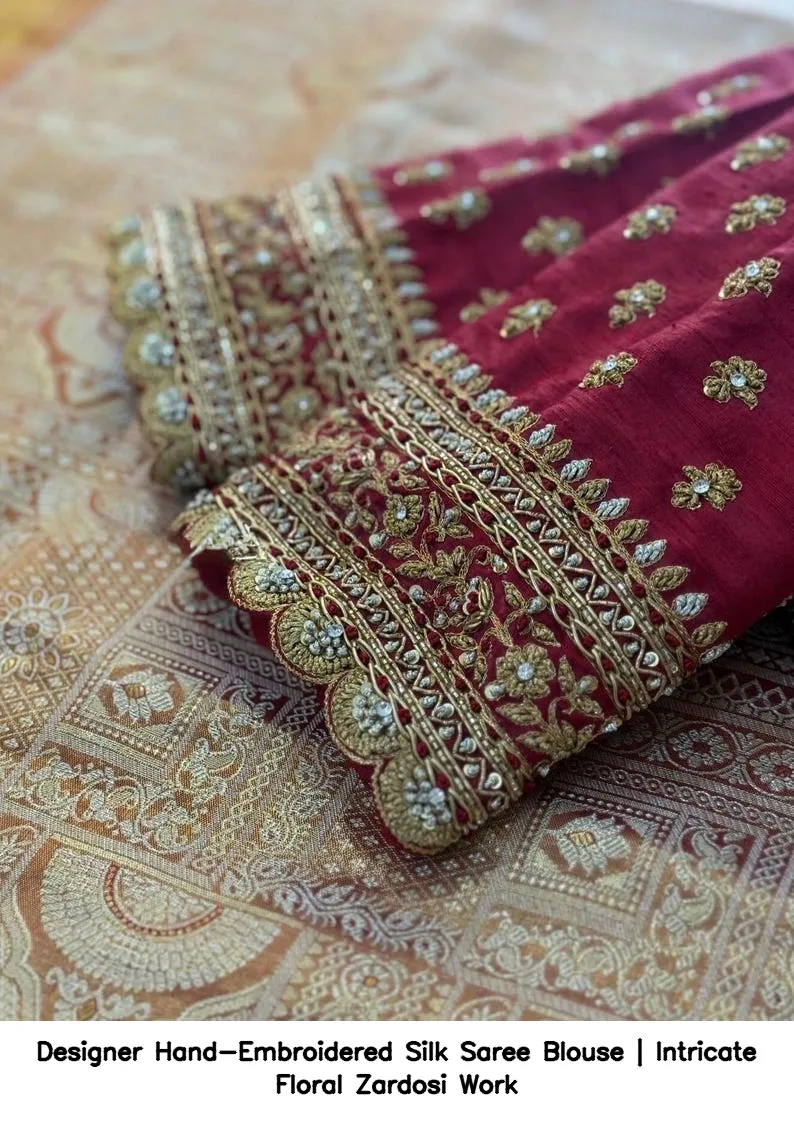 Designer Hand-Embroidered Silk Saree Blouse | Intricate Floral Zardosi Work 3