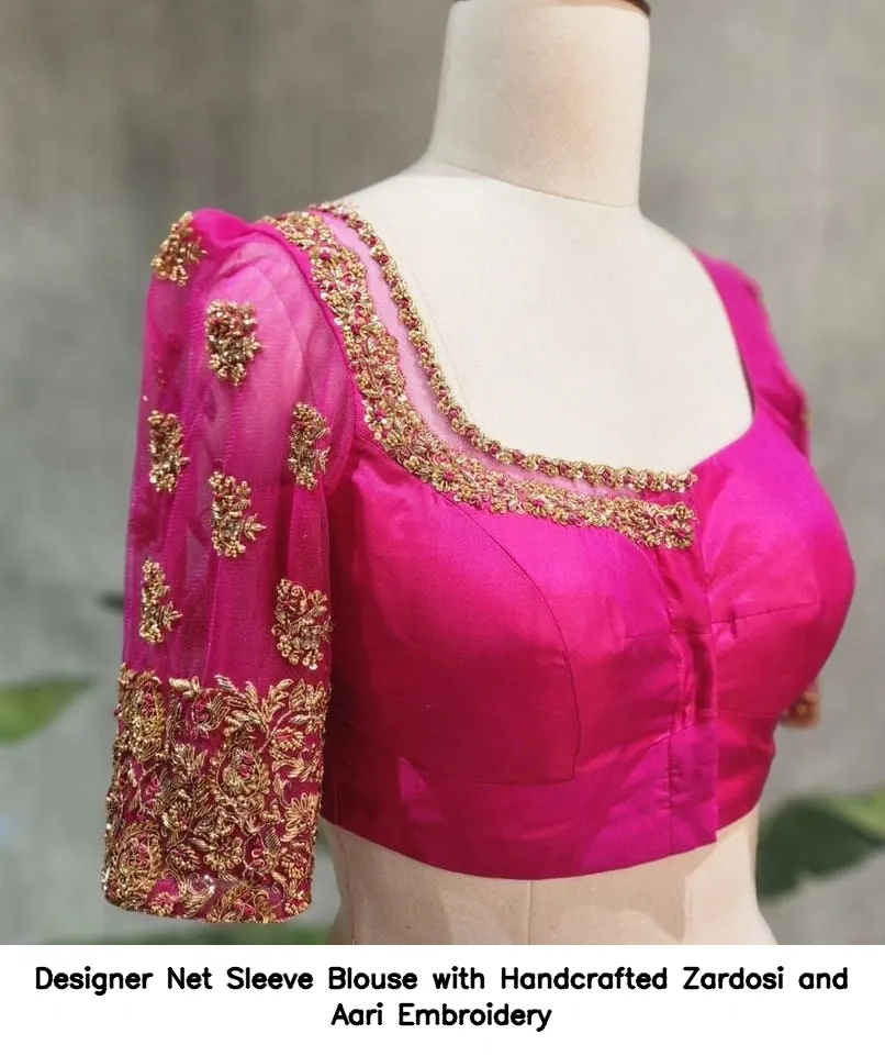 Designer Net Sleeve Blouse with Handcrafted Zardosi and Aari Embroidery